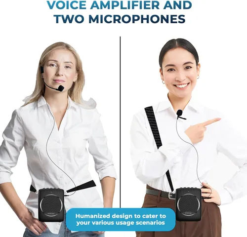 Miniatura 6 de Juego de micrófono y altavoz de voz ultra portátil, mini altavoz con 2 micrófonos, amplificador recargable con micrófono Lavalier/Auriculares