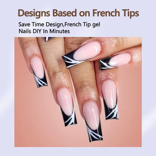 Miniatura 3 de Misssix Puntas de uñas de gel francesas negras, 240 piezas de puntas francesas de uñas postizas largas cuadradas, no es necesario limar, puntas 3