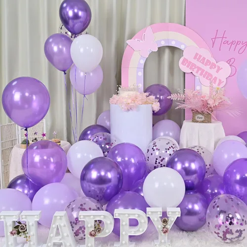 Miniatura 3 de Togvu Globos Morados y Blancos, 60 Paquetes de 12 Pulgadas Globos de Confeti Cromado Metálico Claro Oscuro para Niñas Mujeres Boda Cumpleaños Baby