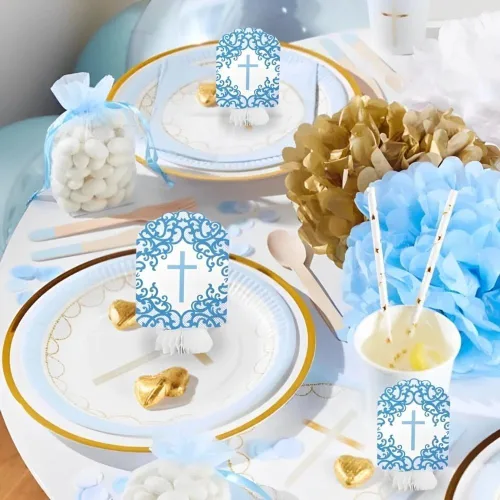 Miniatura 4 de Decoraciones de panal de abeja de cruz azul de lujo, 8 pulgadas (paquete de 3) - Impresionante decoración de fiesta de papel para bautismo, comunión