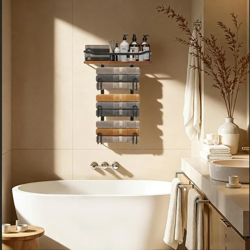 Miniatura 8 de NearMoon Toallero con estante de madera, soporte organizador de toallas de metal inoxidable para almacenamiento de baño, montado en la pared