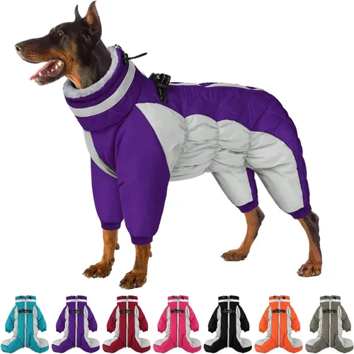 Miniatura 9 de Abrigo de cuerpo completo para perro – Chaqueta cálida de vellón para perros grandes, abrigos de invierno de cuello alto con arnés, traje de nieve