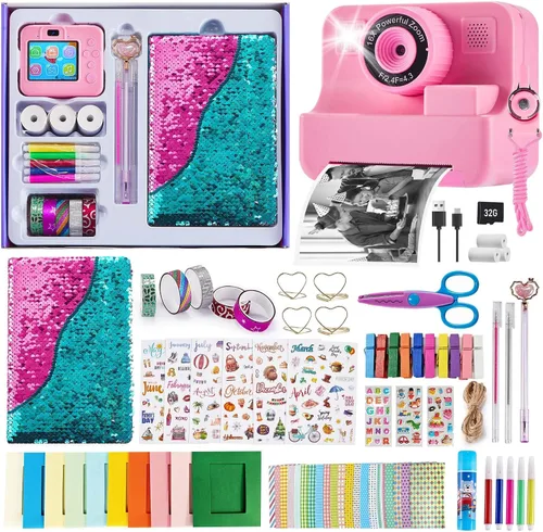 Miniatura 9 de Cámara de impresión instantánea para niños, cámara de video selfie de 1080P con kit de diario de bricolaje, más de 200 accesorios, regalos