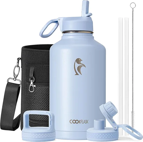 Miniatura 10 de Coolflask Botella de agua de 20 onzas aislada con pajilla, 3 tapas de metal de acero inoxidable, botella de agua de boca ancha para deportes u