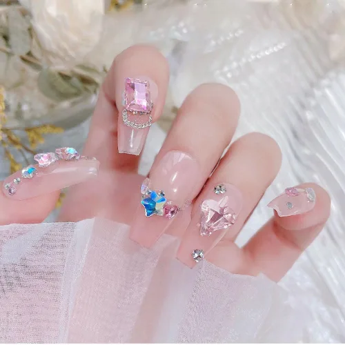 Miniatura 9 de 25 piezas de diamantes de imitación y dijes rosas para uñas, formas brillantes de mariposa y corazón, diamantes rectangulares y diamantes