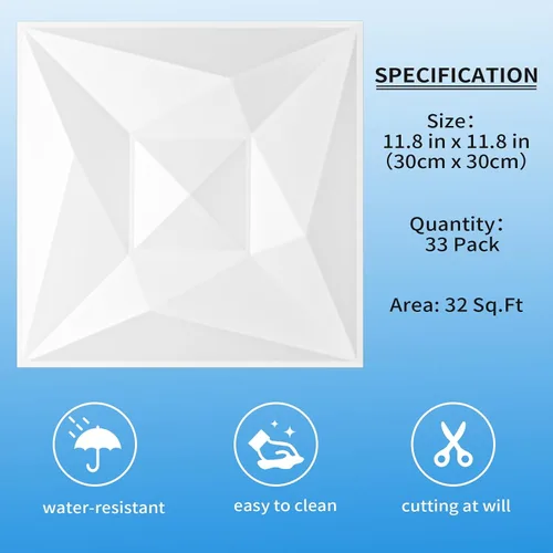 Miniatura 4 de Paneles de pared 3D de PVC blanco, paquete de 33 unidades de 11.8 x 11.8 pulgadas, diseño geométrico para actualización de decoración moderna