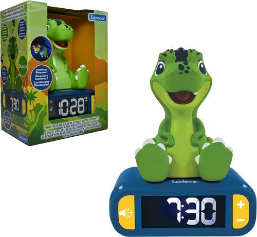 Lexibook - Reloj despertador de dinosaurio con luz nocturna, para niños y niñas, con función de repetición, azul/verde - RL800DINO
