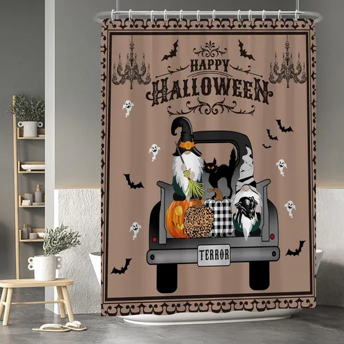 Miniatura 53 de Cortina de ducha de fantasma y gato negro para niños, 36 x 72 pulgadas, espeluznante y bonita, cortina de baño de Halloween con 6 ganchos, cortina