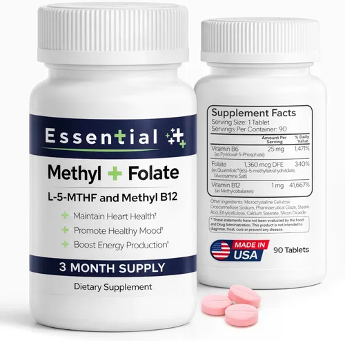 Tabletas de L-metilfolato puro con 5-MTHF, 90 tabletas de folato de metilo B12 y vitamina B6 para la salud del corazón, salud materna, estado de