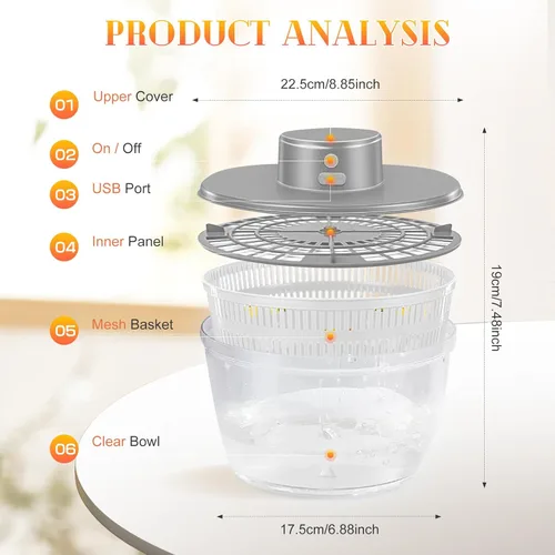 Miniatura 2 de Lavadora secadora de verduras, 4L de gran capacidad, colador de frutas y verduras, hilandero eléctrico USB para ensalada, limpiador y secadora