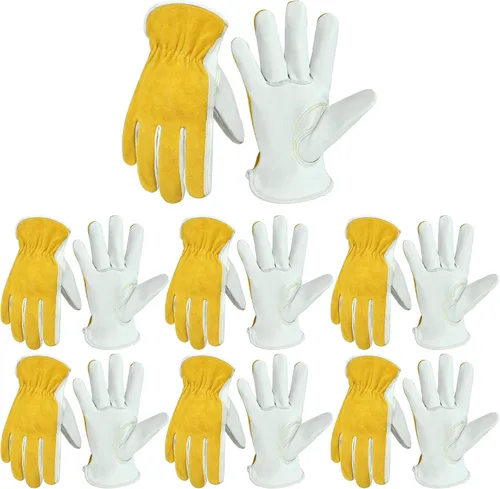 Miniatura 9 de HANDLANDY Guantes de jardinería de cuero para hombre, guantes de trabajo utilitarios para mecánicos, construcción, conductor 3 pares amarillo