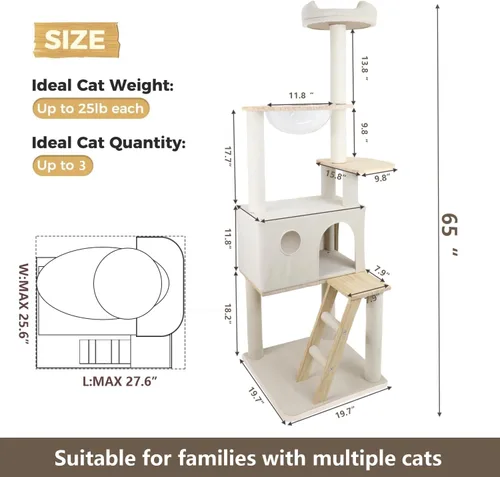 Miniatura 2 de Árbol para gatos de madera maciza de 65 pulgadas, moderno, torre para gatos de varios niveles para gatos de interior, torre resistente para gatos