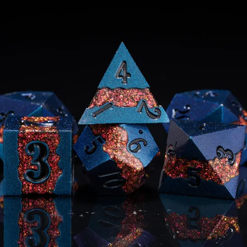 Miniatura 16 de Dados poliédricos DND de metal, juego de dados metálicos con purpurina a rayas grandes, juego de 7 dados plateados antiguos para juegos de rol