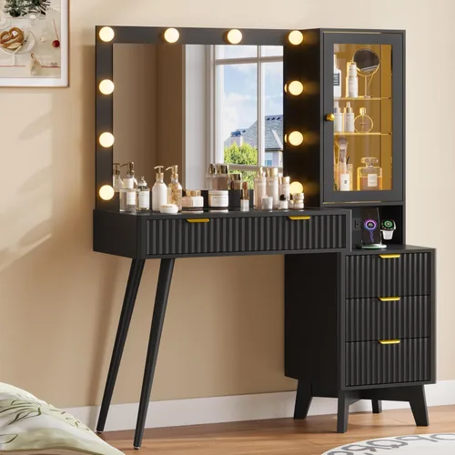Miniatura 13 de Escritorio de tocador de maquillaje con espejo y luces, escritorio de madera estriada de 45 pulgadas con parte superior de cristal, 5 cajones y Roble