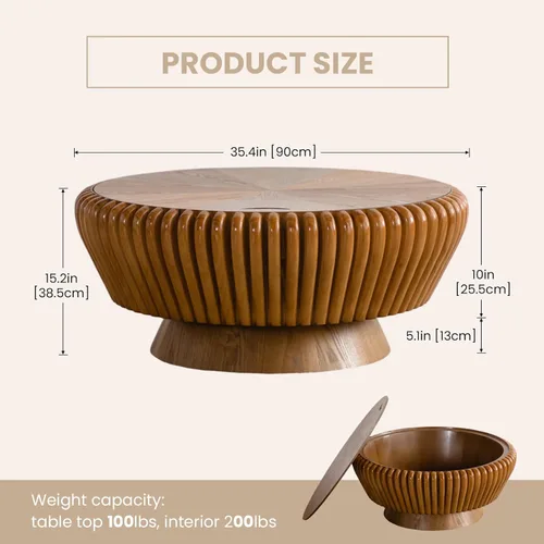 Miniatura 2 de Mesa auxiliar redonda con almacenamiento, mesa de centro moderna de tambor de madera de 35.4 pulgadas con cubierta, mesa central circular acanalada