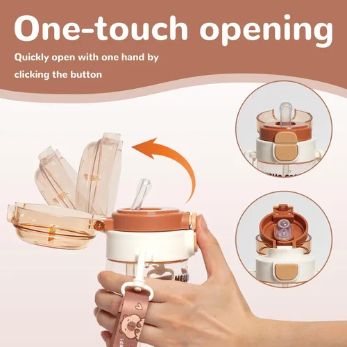 Miniatura 6 de Botella de Agua Capybara, Botella de Agua Kawaii con popote, bonitas botellas de agua Capybara con correa ajustable y calcomanías - para niños