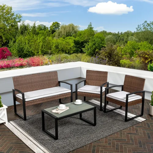 Miniatura 2 de JONATHAN Y Elina LVG1102B-4SET - Juego de 4 piezas para patio al aire libre, muebles modernos de mimbre con cojines y mesa de centro de madera