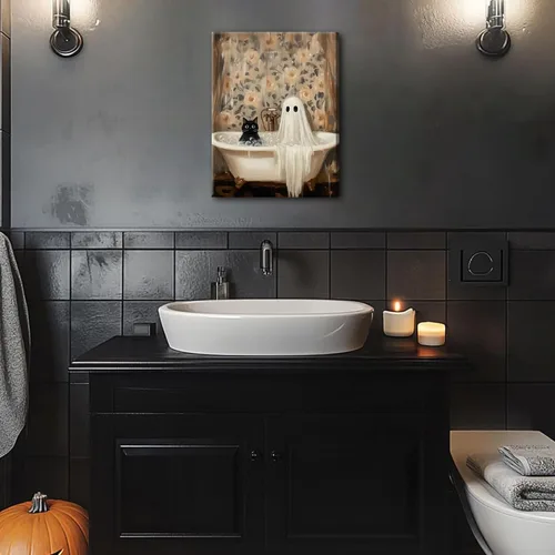 Miniatura 2 de Obras de arte en lienzo de fantasmas de Halloween para baño, decoración de pared con fantasmas de terror y lindo gato negro en la bañera, pinturas