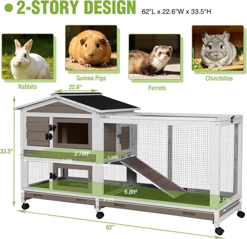Miniatura 2 de GUTINNEEN 2-Story Rabbit Hutch for 2-4 Rabbits - Wooden Guinea Pig Cage with 6 Wheels, 3 Pull-Out Trays & Waterproof Asphalt Roof, Indoor Outdoor