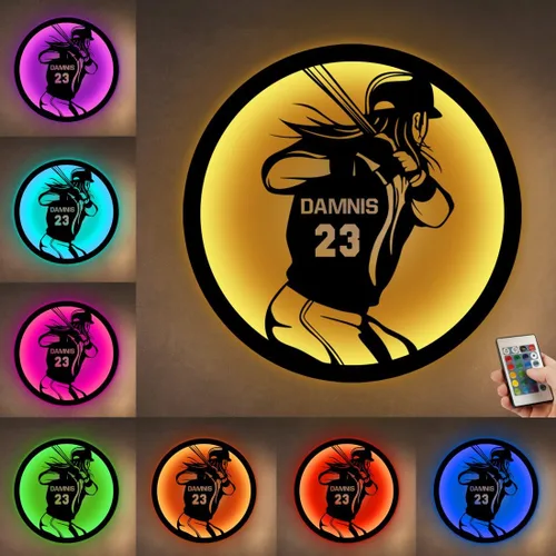 Letrero de metal personalizado para jugador de sóftbol con luz LED, nombre y número personalizado, arte de pared de sóftbol, letrero de neón con