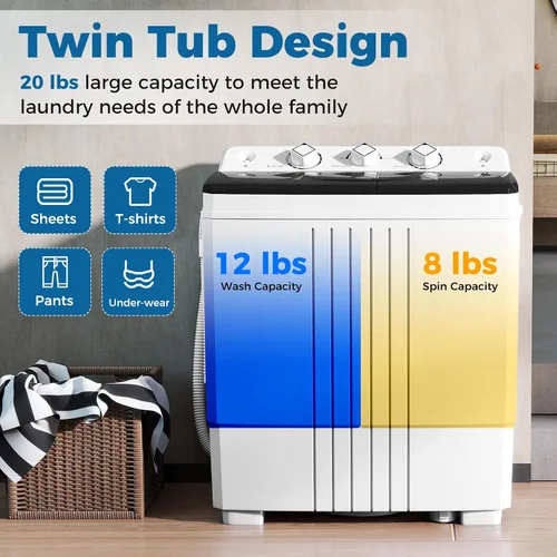 Miniatura 3 de COSTWAY - Lavadora portátil, lavadora de doble bañera con capacidad de 20 libras, lavadora de 12 libras y centrifugadora de 8 libras con bomba