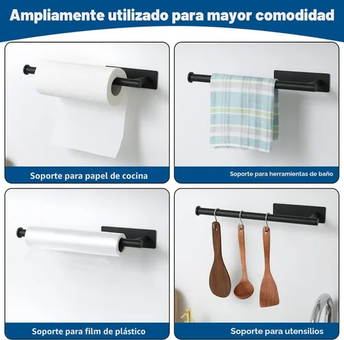 Miniatura 5 de theaoo - Toallero de papel para debajo del gabinete para cocina, toallero adhesivo para baño, montado en la pared, negro mate, acero inoxidable