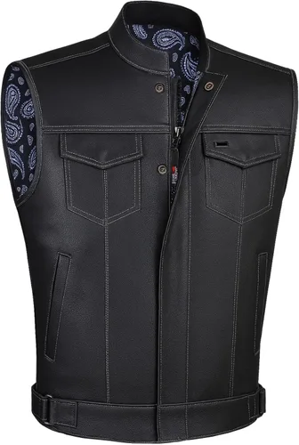 Miniatura 15 de SOA - Chaleco de motocicleta para hombre, piel de búfalo de alta calidad, armadura trasera, bolsillos interiores, chalecos de club de motociclista