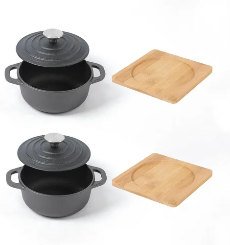 Miniatura 4 de HAWOK Mini horno holandés de hierro fundido, diámetro 5.51 pulgadas, 23 onzas, con bandeja de bambú, juego de 2, pre-sazonado