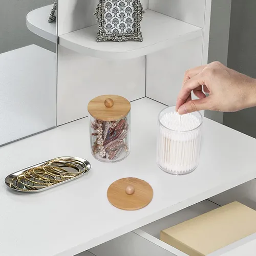 Miniatura 5 de Tbestmax Tarros de baño con soporte Qtip de 10 onzas para hisopos de bolas de algodón, dispensador de almacenamiento, tapa de bambú (paquete de 2)