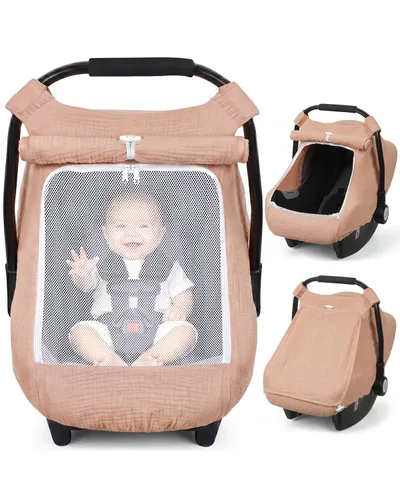 Miniatura 13 de Rquite Funda de asiento de automóvil para bebé, fundas de asiento de automóvil para niña y niño, algodón muselina transpirable, ventana de malla Rosa