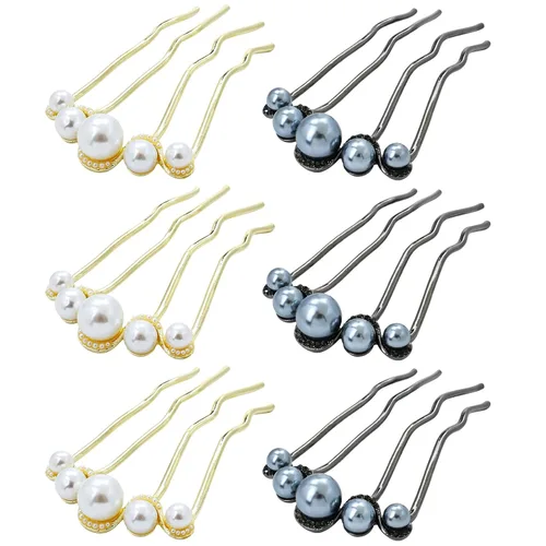 Lawie Paquete de 6 pasadores de pelo de metal dorado con perlas en forma de U para el cabello, peines deslizantes para el cabello, horquillas anchas