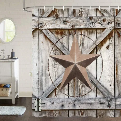 Miniatura 26 de JAWO Western Star - Cortina de ducha de Texas, estrella del oeste de Texas sobre tablero de madera rústica, juego de cortina de ducha con puerta