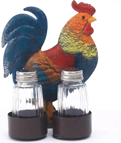 Juego de salero y pimienta con diseño de gallo - Dos saleros de vidrio con tapas, soporte vintage de metal con diseño de gallo para especias y
