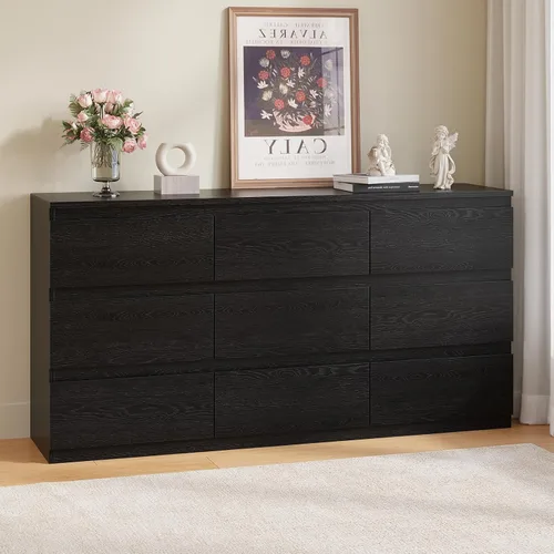Miniatura 20 de OtterOasis Cómoda de madera negra para dormitorio, 5 cajones para almacenamiento de ropa, cómoda moderna con cajones anchos, cajones anchos