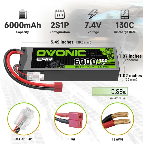 Miniatura 2 de OVONIC 2S LiPo Batería 6000mAh 7.4V 130C RC Batería con Dean-Estilo T Conector