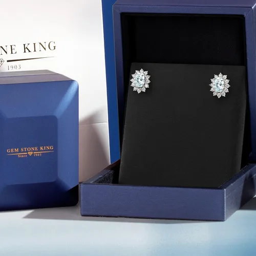 Miniatura 55 de Gem Stone King Aretes ovalados de plata de ley 925 de 0.276 x 0.197 in con piedra natal de la princesa Diana, estilo halo real para mujeres