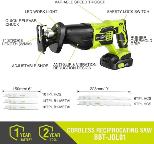Miniatura 3 de SnapFresh Sierra Recíproca Inalámbrica de 20V – 3000 SPM, Gatillo de Velocidad Variable, Cambio de Hoja sin Herramientas, Luz LED, Ligera y Compacta