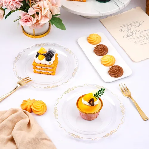 Miniatura 6 de LIYH 200 Piezas Platos de Postre de Plástico Transparente Dorado 7.5" y Tenedores para Pastel 5" - Platos de Plástico Pequeños Transparentes