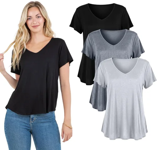 Miniatura 7 de Azules Camiseta de manga corta con cuello en V para mujer, suave, elástica, holgada, casual, transpirable, talla grande, cuello en V
