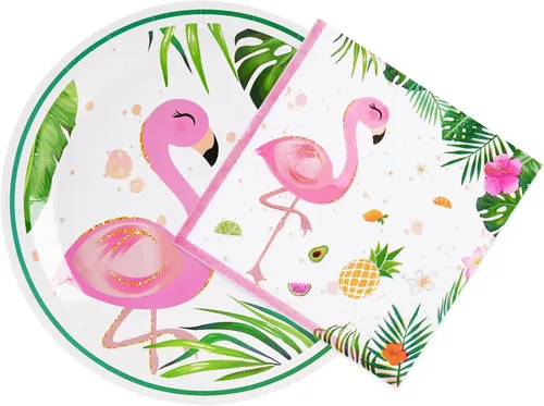 WERNNSAI Juego de platos y servilletas de flamenco, sirve para 50 invitados, 100 piezas, suministros de fiesta hawaiana Luau, juego de vajilla