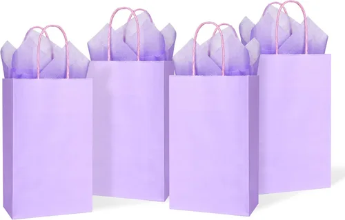 DjinnGlory Paquete de 24 pequeñas bolsas de regalo de papel lavanda morado con asas de 9 x 5.5 x 3.15 pulgadas y 24 papel de seda para negocios,