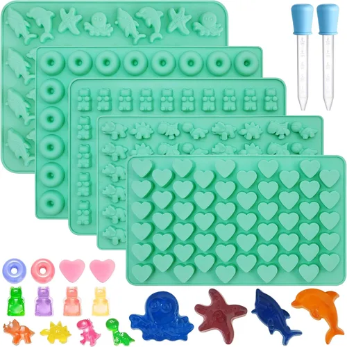 Miniatura 12 de Juego de 5 moldes de goma de silicona, moldes de silicona para dulces con 2 cuentagotas para un relleno cómodo, juego de moldes de gomita incluye