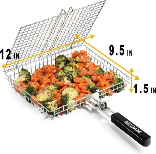 Miniatura 3 de AIGMM herramienta de malla de acero inoxidable portátil, para asar a la parrilla pescado, vegetales, carne, camarones, costillitas, y mucho mas.