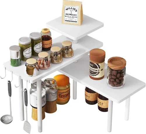 Miniatura 11 de IBUYKE Organizador de encimera, estantes de especias de 3 niveles, estante de esquina de encimera de cocina, 4 ganchos laterales, estante ajustable