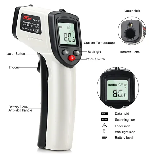 Miniatura 4 de Termómetro infrarrojo láser digital sin contacto, -58℉~ 752℉ (-58.0 °F ~ 752.0 °F) Pistola de temperatura IR de mano con emisividad ajustable