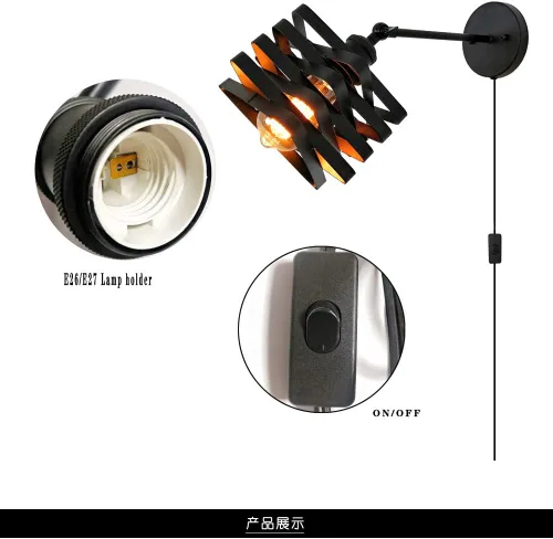 Miniatura 6 de Lámparas de pared industriales enchufables, accesorios de pared de metal con interruptor de encendido y apagado, lámpara de pared de granja