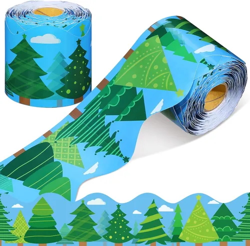 Eaasty Tablero de anuncios de campamento de 69 pies, bordes de árbol, bosque, aula, borde festoneado, pinos, bordes, decoración de papel enrollado
