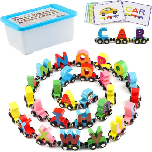 Miniatura 11 de Wondertoys Juego de 12 piezas de tren de madera con números de juguete, incluye 1 motor de autos para niños y niñas, compatible con las principales
