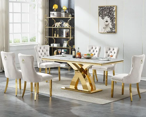Juego de mesa de comedor de 7 piezas con sillas, mesa de comedor de mármol sintético y sillas beige para 6, juego de mesa de comedor de oro blanco