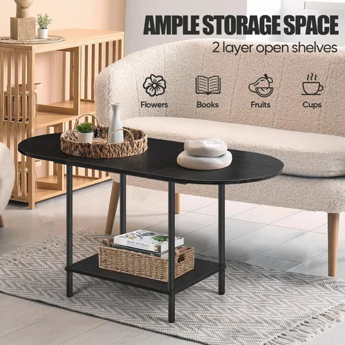 Miniatura 4 de Mesas de café negras para sala de estar, mesa de centro oval pequeña de mediados de siglo con estante de almacenamiento y tablero de madera, mesa